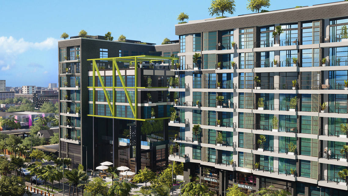 Architectural rendering of the eight-story Diesel Wynwood luxury condo tower to be built at 115-167 NW 28th St. Prices range from $370,000 to $5.5 million.