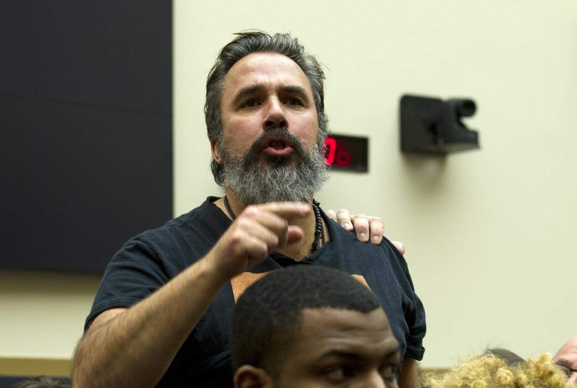 Manuel Oliver, whose son Joaquin was a victim in the shooting at Marjory Stoneman Douglas High School, reacts to the words of Rep. Matt Gaetz, R-Fla., during the House Judiciary Committee hearing on gun violence, at Capitol Hill in Washington on Wednesday, Feb. 6, 2019.