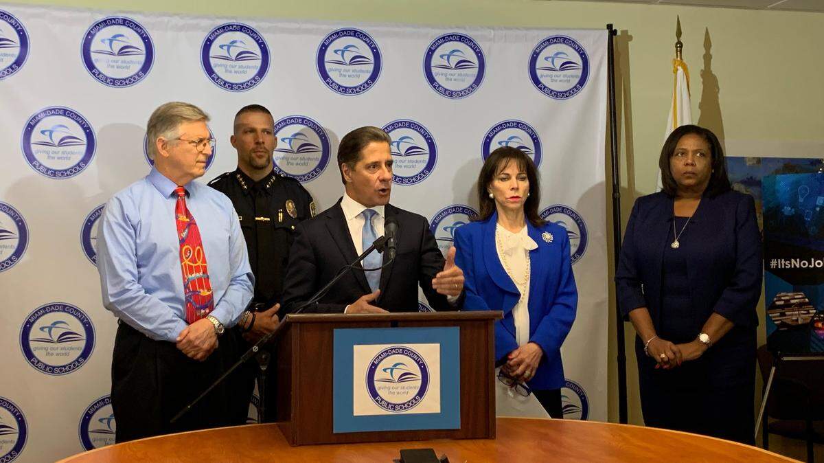 Miami-Dade Superintendent Alberto Carvalho speaks at a press conference launching the “It’s No Joke at M-DCPS” awareness campaign following a recent spike in school threats. Six students have been arrested on charges of making threats toward schools since the start of the school year.
