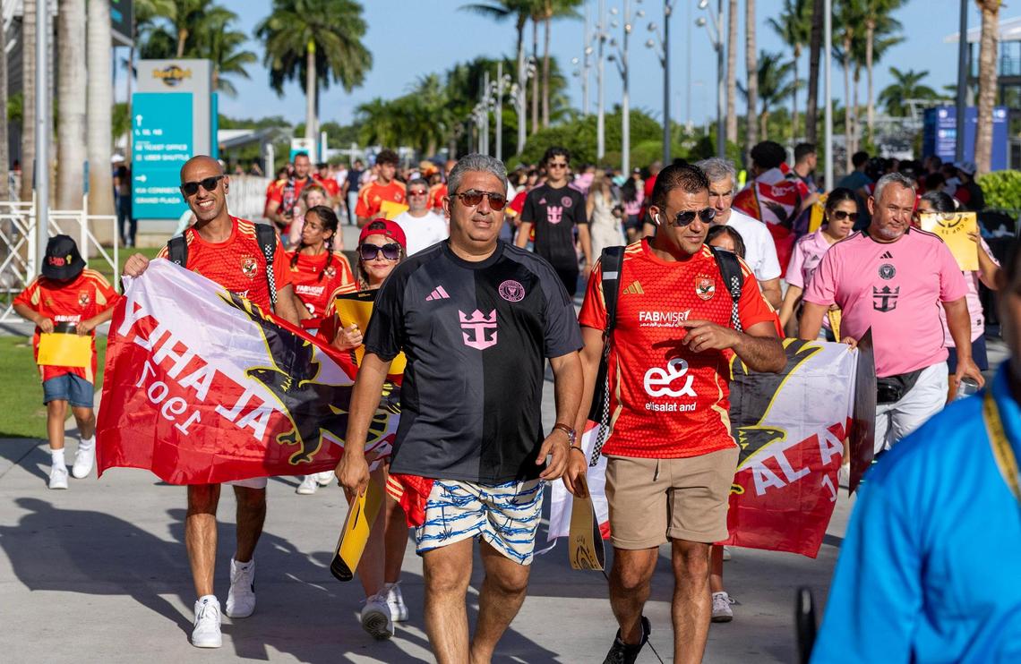 Fans make their way outside Hard Rock Stadium before the Group A first-round match of the FIFA Club World Cup on Saturday, June 14, 2025, in Miami Gardens, Fla.