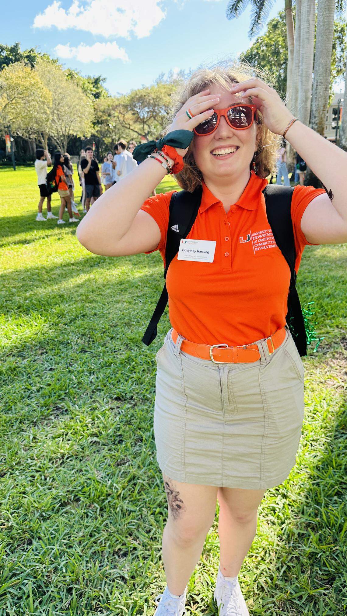 Courtney Hartung, 20, a student leader with the University of Miami Student Affairs department’s Orientation & Commuter Student Involvement delighted in the Hurricanes’ victory over the Ole Miss Rebels at the College Football Playoff semifinal at the Fiesta Bowl and brought that school spirit energy to fellow students on the Coral Gables campus on Jan. 9, 2026.