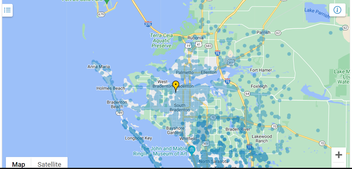 Map of Comcast Xfinity’s free public WiFi hotspots offered in Manatee County after Hurricane Ian arrived on Wednesday, September 28, 2022.