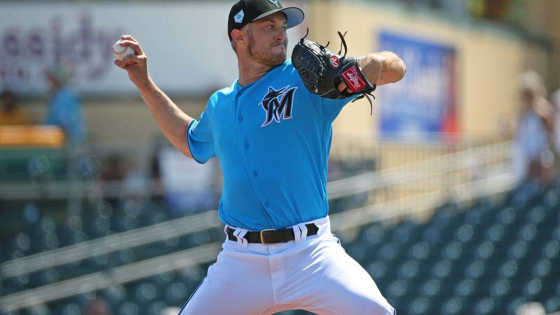 Miami Marlins pitcher Trevor Richards (36) pitches during the first inning of a spring training game against the New York Mets at the Roger Dean Chevrolet Stadium in Jupiter. Richards is participating in the Blechman Foundation’s Baseball Challenge “Strikeout PD!” to raise funds for research into Parkinson’s disease.