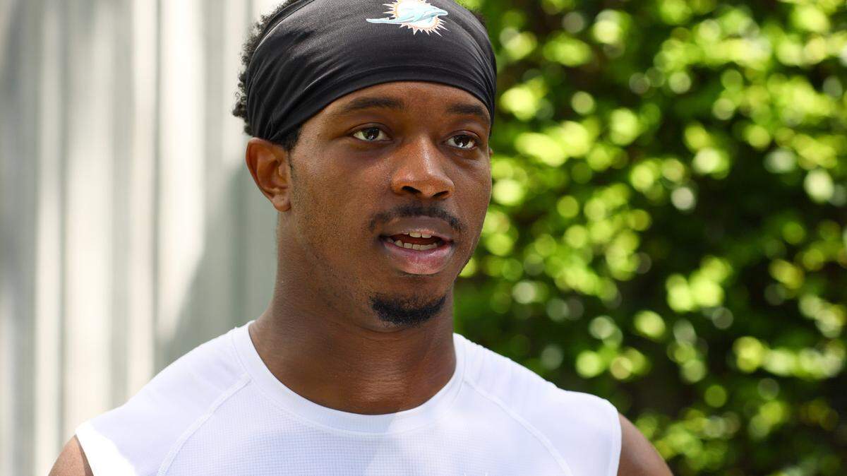 Miami Dolphins cornerback Storm Duck (36) talks to reporters after training camp at Baptist Health Training Complex in Miami Gardens, Florida, on Tuesday, August 20, 2024.