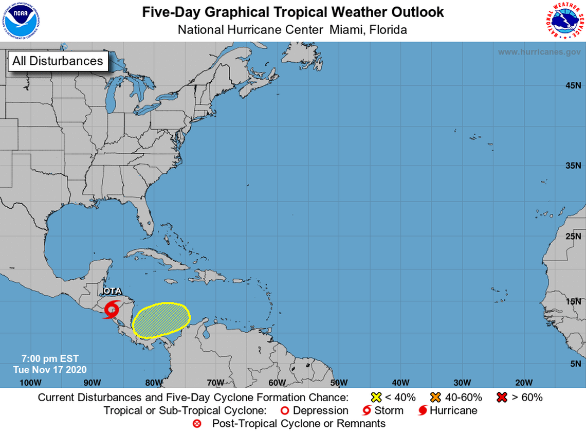 As Central America continues to feel Tropical Storm Iota’s strong winds and flooding rain early Tuesday, forecasters are monitoring an area in the Caribbean Sea where they predict a tropical depression could form later this week, increasing the flood risk for the region.