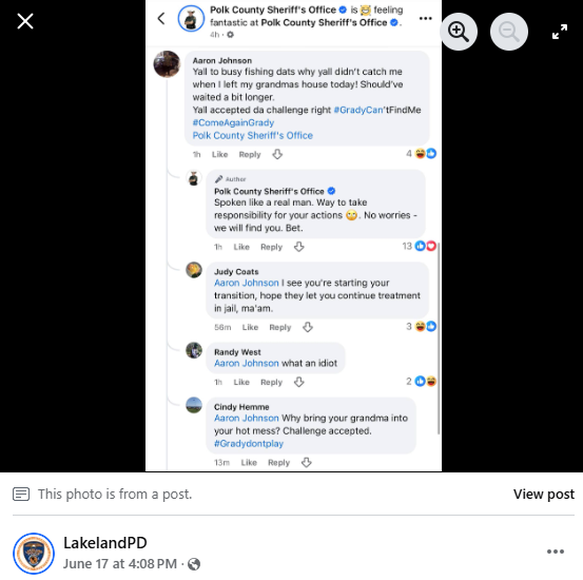The sheriff’s office responded to the posts, accepting the challenge, screengrabs show.