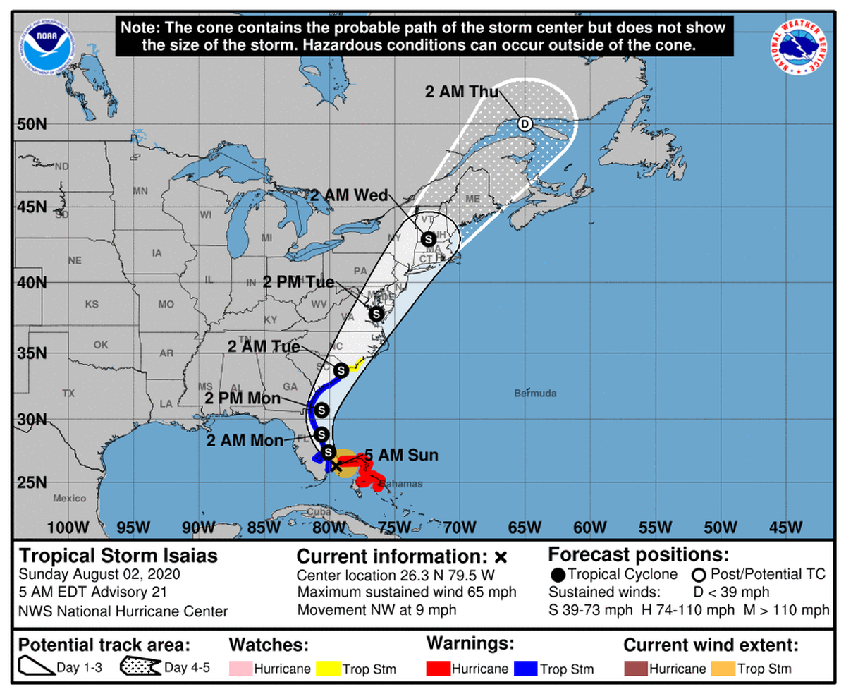 Tropical Storm Isaias at 5 a.m. Sunday update.