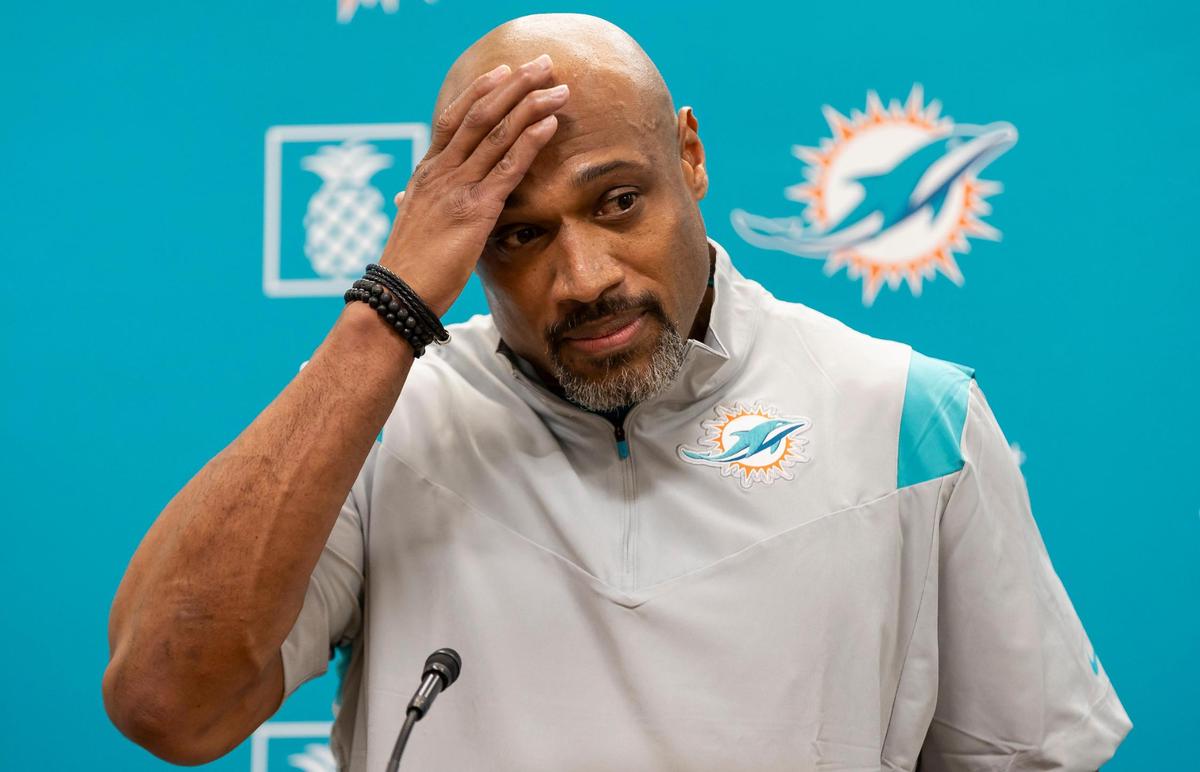 Miami Dolphins Defensive Coordinator Anthony Weaver&nbsp;speaks during a press conference at Baptist Health Training Complex on Thursday, Feb. 15, 2024 in Miami Gardens, Fla. Weaver was hired to replace&nbsp;Vic Fangio, who left after one season with the Dolphins.