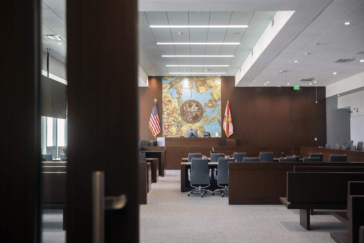 A view of one of the courtrooms at the Osvaldo N. Soto Miami-Dade Justice Center, the new courthouse in downtown Miami, on November 7th., 2025.