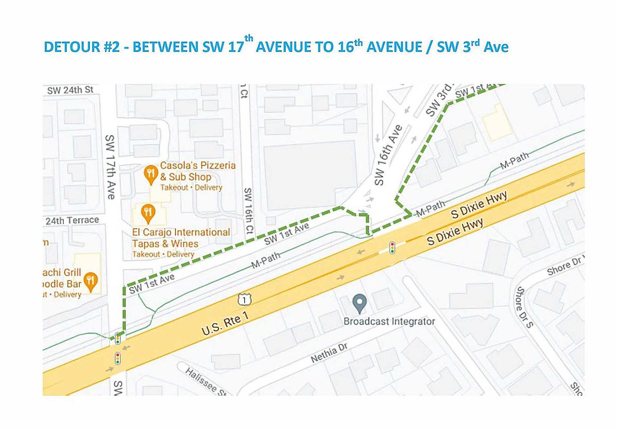 Este mapa muestra un desvío para los ciclistas y peatones que utilizan la antigua M-Path bajo las vías del Metrorail mientras se construye la segunda fase de The Underline.