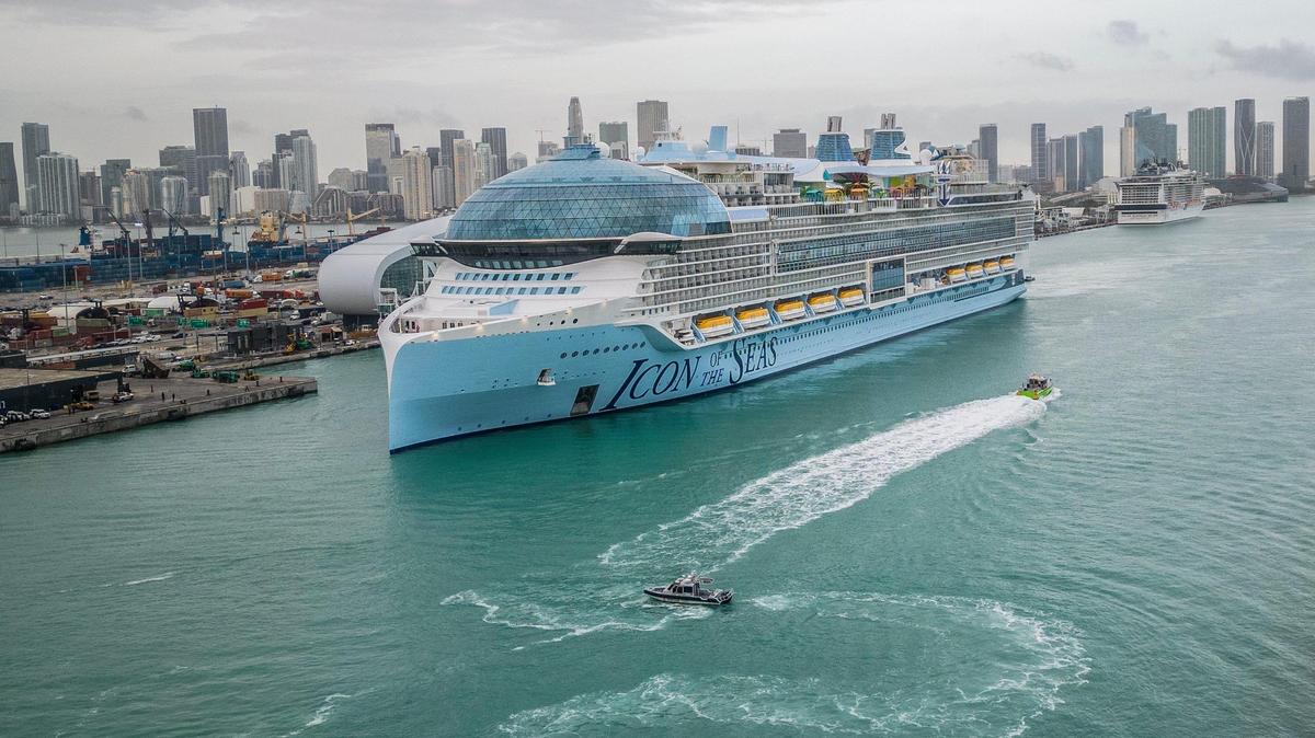 Royal Caribbean’s Icon of the Seas, the world’s largest cruise ship heads to the dock during its first arrival into PortMiami on Jan. 10, 2024.