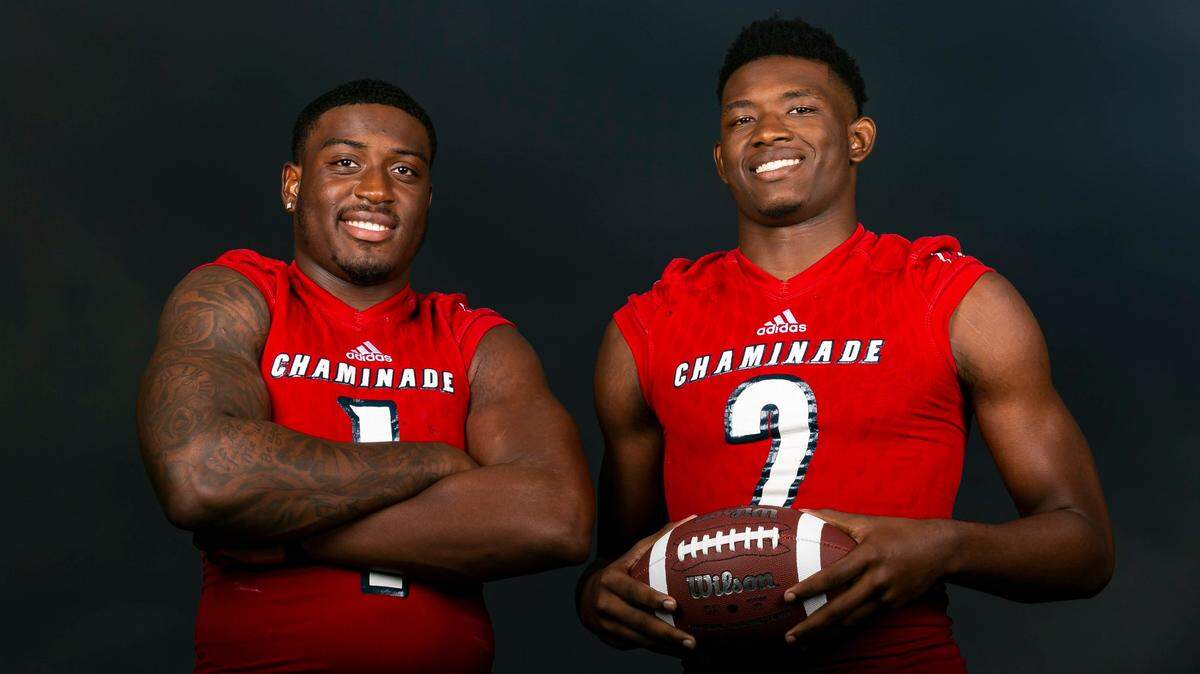 Broward Football Small School Co-Defensive Players of the Year Jamaal Johnson, left, and Kenyatta Jackson, both from Chaminade-Madonna, are photographed at Brian Piccolo Park in Hollywood, Florida on Tuesday, January 11, 2022.