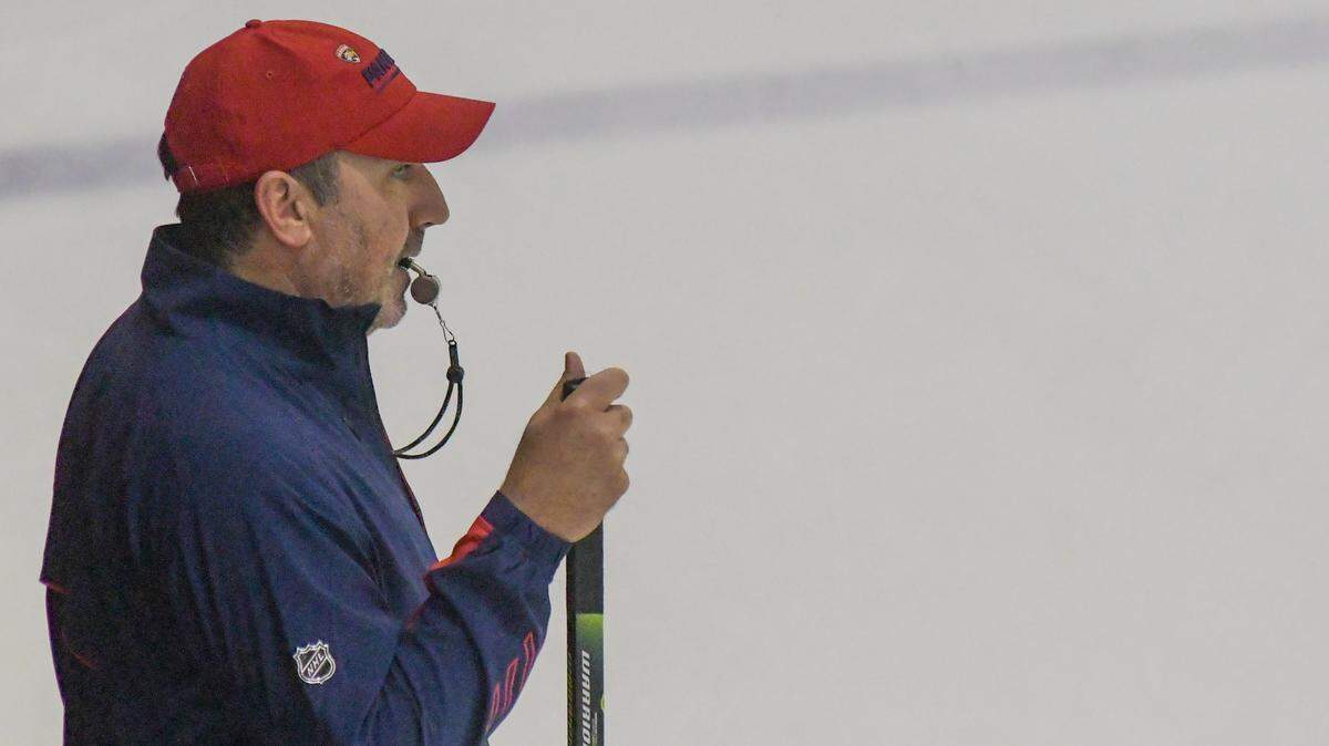 Florida Panthers interim coach Andrew Brunette watches his team practice on Sunday, Feb. 13, 2022, at the Panthers IceDen in Coral Springs, Florida.