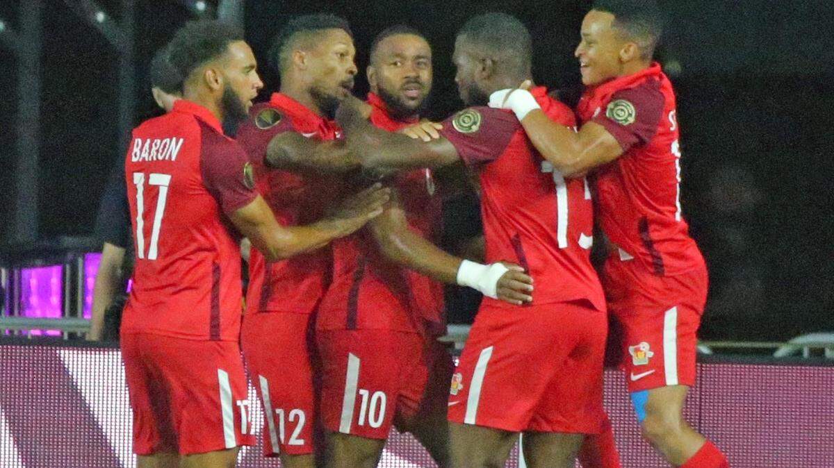 Guadeloupe Matthias Phaeton (10) scores in the first half as they play Guatemala in the 2021 Gold Cup preliminary round matches at DRV PNK Stadium in Fort Lauderdale, July 6, 2021.
