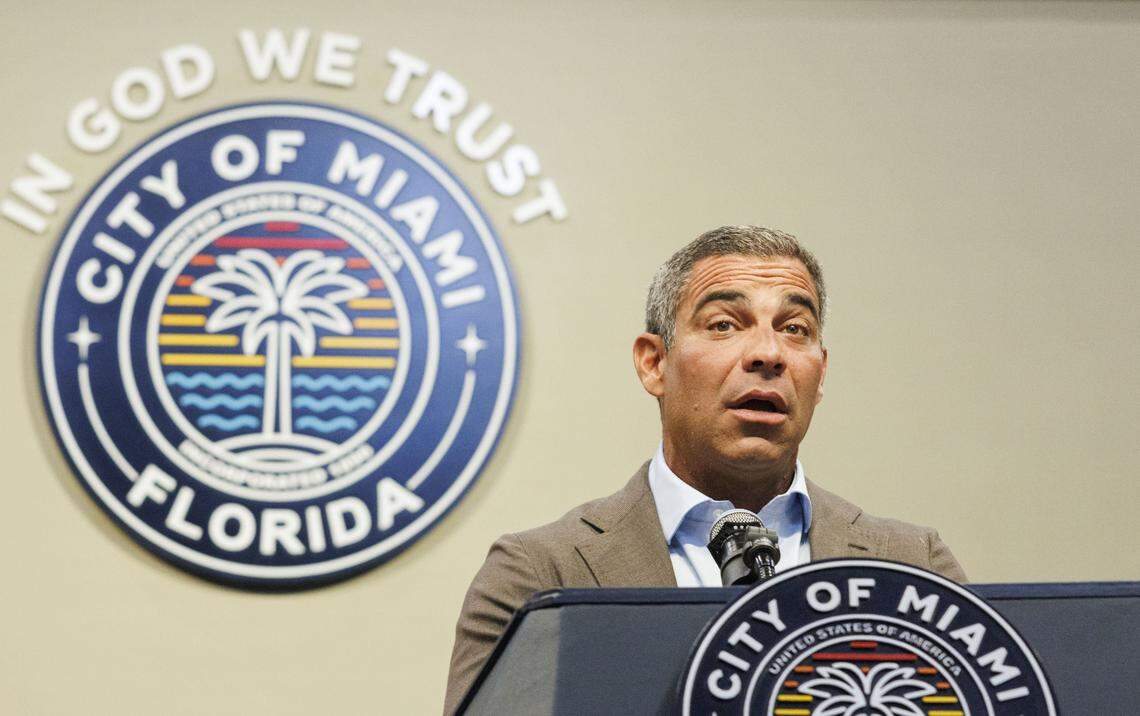 Miami Mayor Francis Suarez speaks during a press conference on Monday, July 28, 2025, at Miami City Hall.