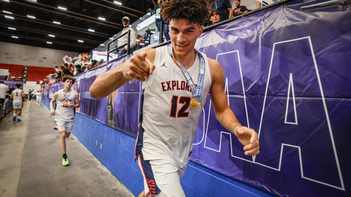 Columbus’ Cameron Boozer (12) celebrates after the team defeats Windermere for the FHSAA Class 7A Final for Boys High School Basketball State Championship at the RP Funding Center in Lakeland, Florida on Saturday, March 8, 2025.