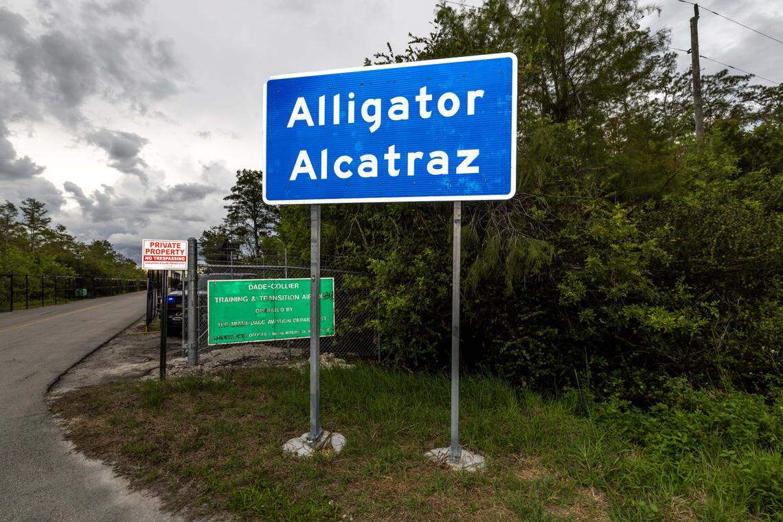 Signage outside Alligator Alcatraz on Sunday, August 17, 2025, in Ochopee, Fla.