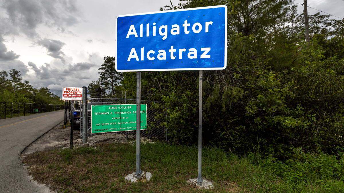 Signage outside Alligator Alcatraz on Sunday, August 17, 2025, in Ochopee, Fla.
