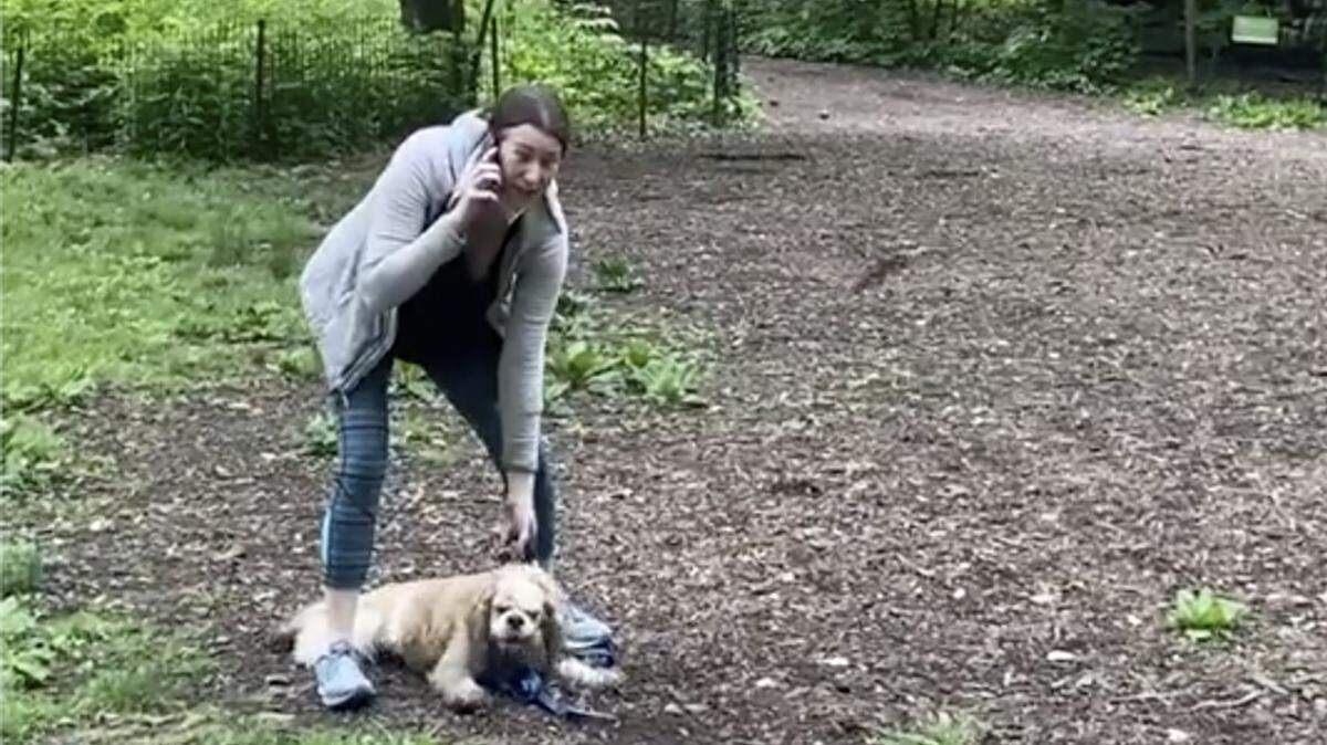 This May 25, 2020 file image, taken from video provided by Christian Cooper, shows Amy Cooper with her dog calling police at Central Park in New York. (Christian Cooper via AP, File)