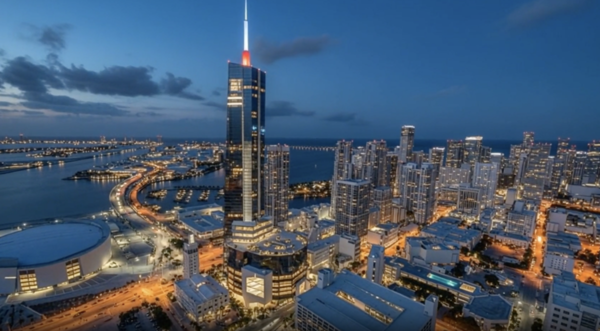 Imagen tomada de un video que muestra el proyecto de la biblioteca presidencial de Donald Trump, planificada para construirse en downtown Miami.