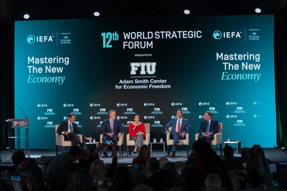 From left to right, former presidents Jorge Quiroga of Bolivia and Iván Duque of Colombia, former Ecuadorian interior minister María Paula Romo, former interim president of Venezuela Juan Guaidó and former president of Ecuador Jamil Mahuad Witt during the World Strategic Forum in Miami, on Nov. 7, 2013. The event is organized by the International Economic Forum of the Americas (IEFA) and the Adam Smith Center for Economic Freedom at Florida International University.