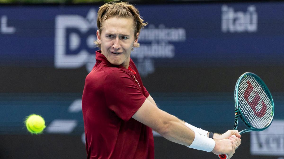Sebastian Korda, of the United States, returns the ball against Gaël Monfils, of France, during their match at the Miami Open tennis tournament on Tuesday, March 25, 2025, at Hard Rock Stadium in Miami Gardens, Fla.
