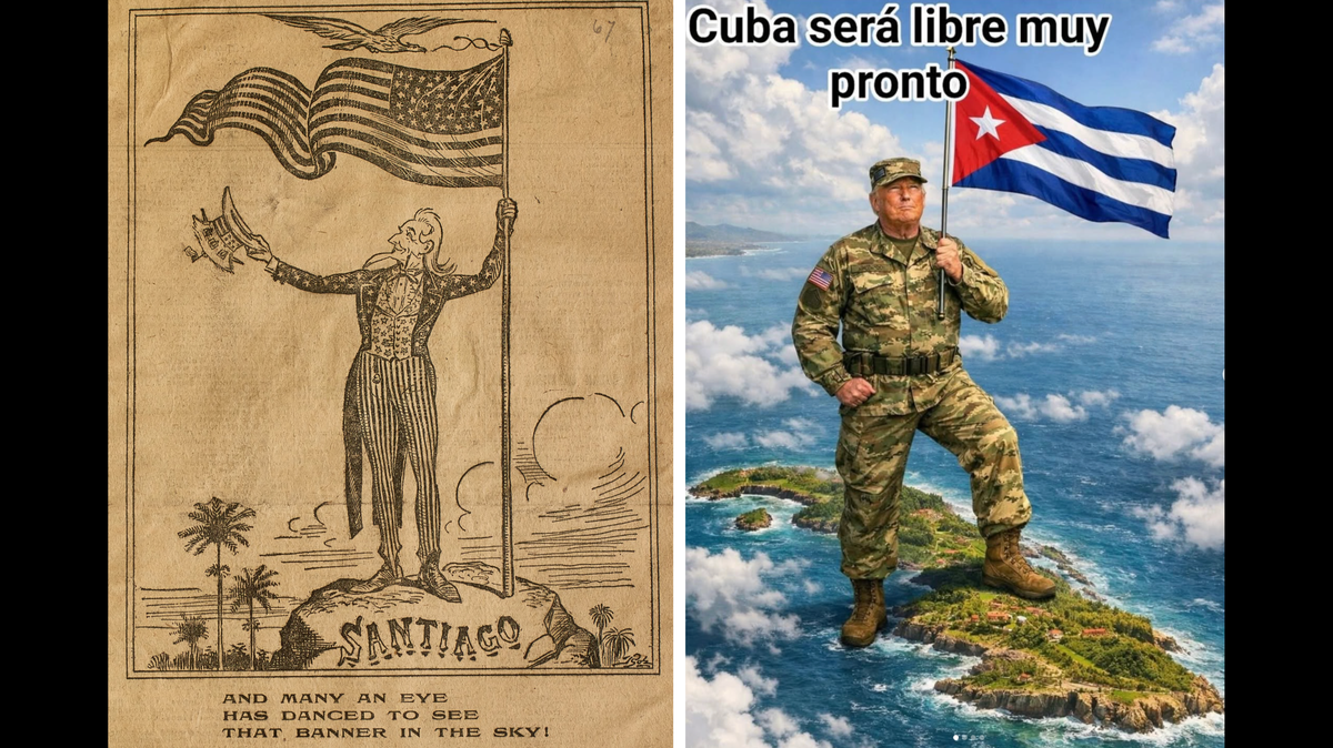 Left: “And Many an Eye has Danced to See that Banner in the Sky,” in Blanche S. Crawford, Cartoon History of the Spanish American War (Scrapbook, 1898), 48. Right: Screenshot by Jorge Damian de la Paz from Instagram.