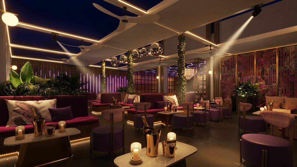 A rendering of the lounge area Elixir, part of the Oro rooftop restaurant complex coming to Miami Beach.