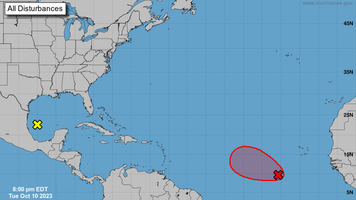 The 8 p.m. Tuesday, Oct. 10, map of disturbances in the Atlantic Ocean