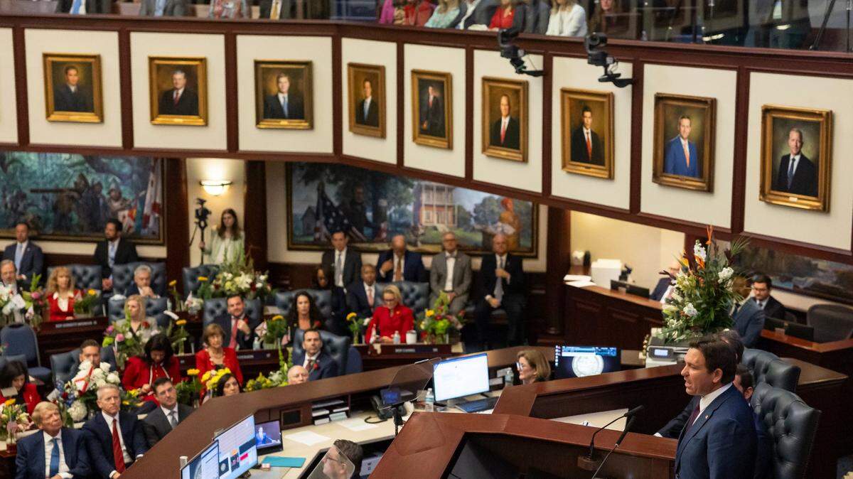 Florida Gov. Ron DeSantis delivers his State of the State address during the first day of the legislative session at the Florida State Capitol on Tuesday, March 4, 2025, in Tallahassee, Florida.