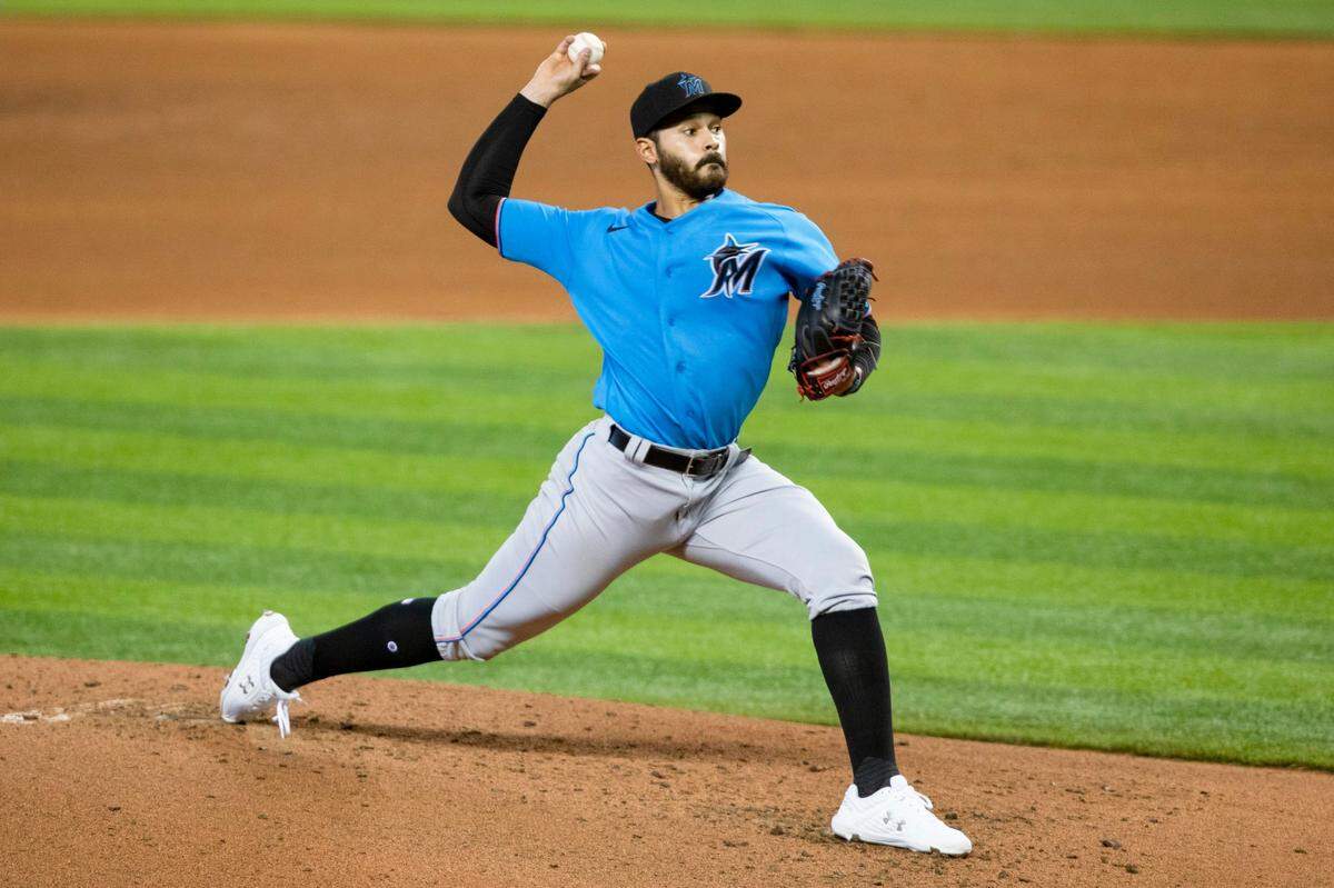 Marlins right-handed pitcher Pablo López pitches during the third day of Marlins training camp at Marlins Park in Little Havana, Florida on Saturday, July 4, 2020.