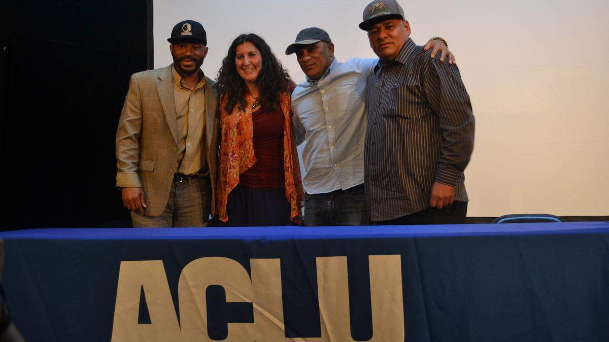From, Anthony Blackman of The Circle of Brotherhood, Tamara Perkins, Harrison Suega and Noel Valdivia at a January screening of the documentary, “Life After Life,” at Main Street Players in Miami Lakes.