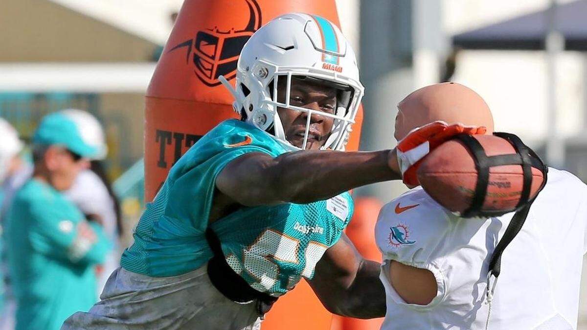 Miami Dolphins linebacker Jerome Baker  during training camp at the Miami Dolphins facility in Davie, Florida, July 27, 2018.