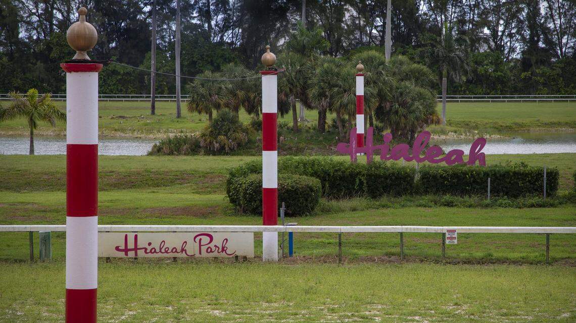 The finish line of the Hialeah Park Casino and Racetrack, Saturday, May 16, 2021.