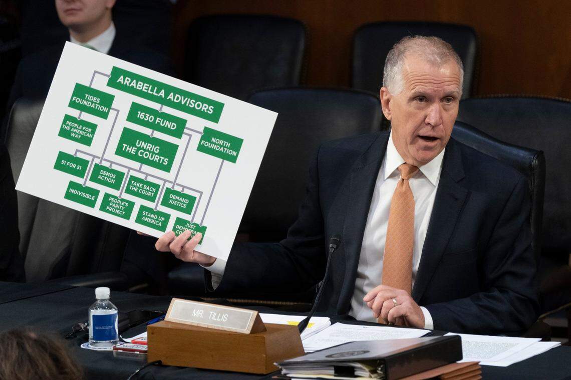 Sen. Thom Tillis, R-N.C., holds a visual aid as he questions Supreme Court nominee Ketanji Brown Jackson during her Senate Judiciary Committee confirmation hearing on Capitol Hill in Washington, Wednesday, March 23, 2022. (AP Photo/Alex Brandon)