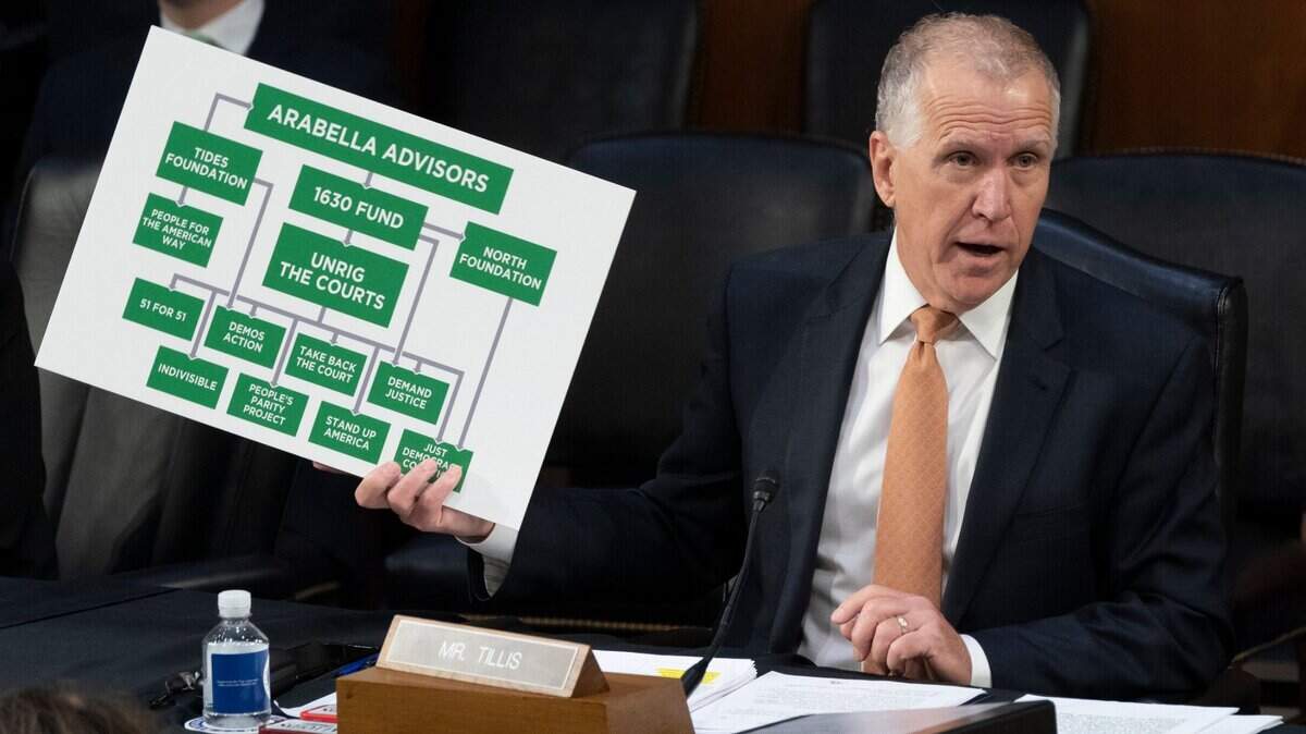 Sen. Thom Tillis, R-N.C., holds a visual aid as he questions Supreme Court nominee Ketanji Brown Jackson during her Senate Judiciary Committee confirmation hearing on Capitol Hill in Washington, Wednesday, March 23, 2022.