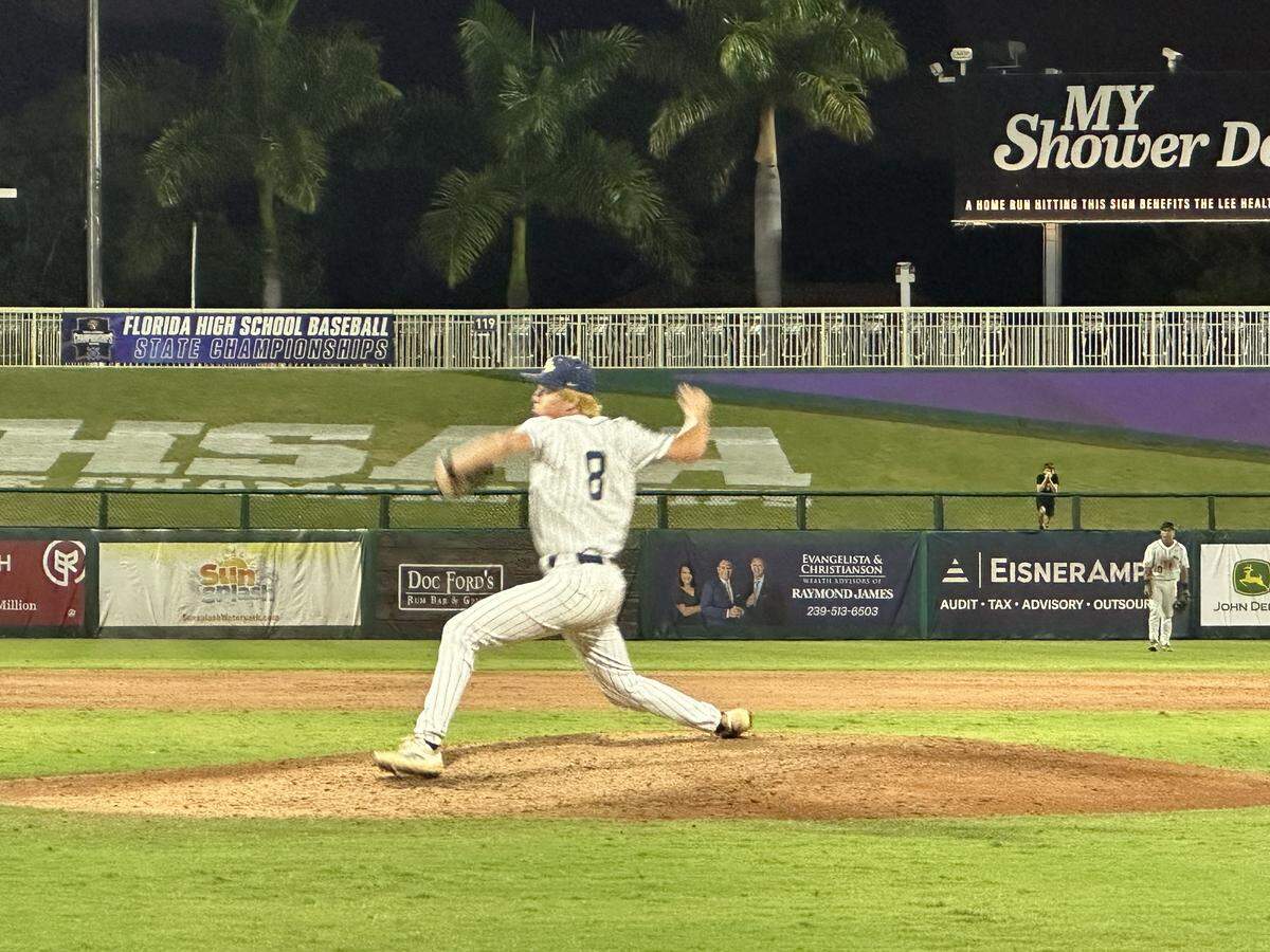 North Broward Prep pitcher Jack Rostock pitches against Bushnell South Sumter on Wednesday night in a Class 3A state semifinal at Hammond Stadium in Fort Myers, Fla.