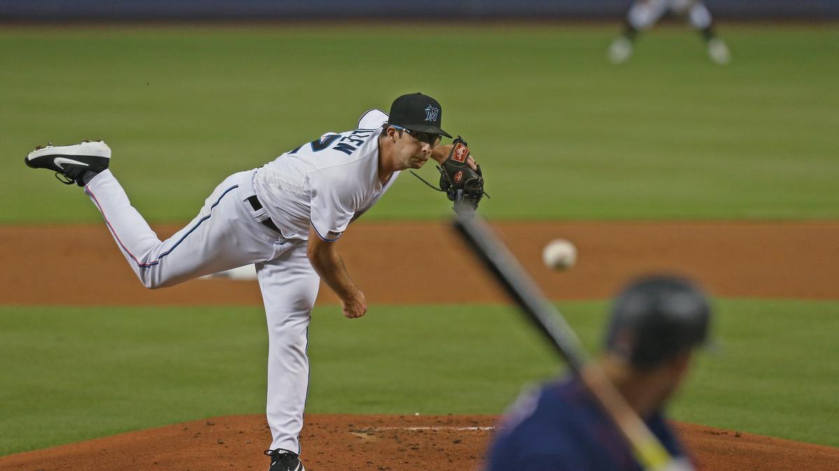 Miami Marlins pitcher Zac Gallen (52) pitches during the first inning of a interleague Major League Baseball game against the Minnesota Twins at Marlins Park in Miami on Tuesday, July 30, 2019.