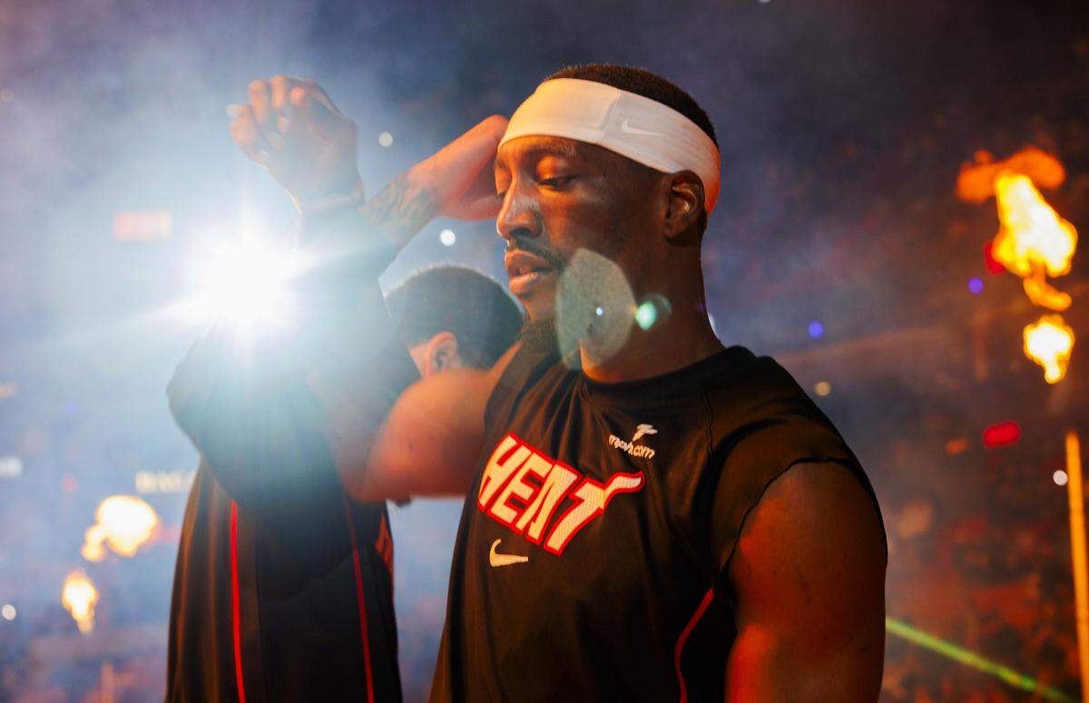 Miami Heat center Bam Adebayo (13) gets announced before the first half of a game against the Phoenix Suns on Tuesday, Jan. 13, 2026, at Kaseya Center in Miami.