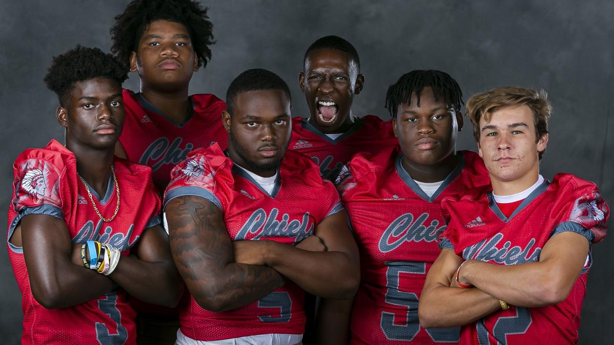 From left to right: Coleman Bennett, Gerald Mincey, Tajae Davis, Terry Mareus, Majon Wright, and Brody Pahegyi, from Cardinal Gibbons High School, attend High School Football Media Day at the Hard Rock Stadium in Miami Gardens on Saturday, August 3, 2019.