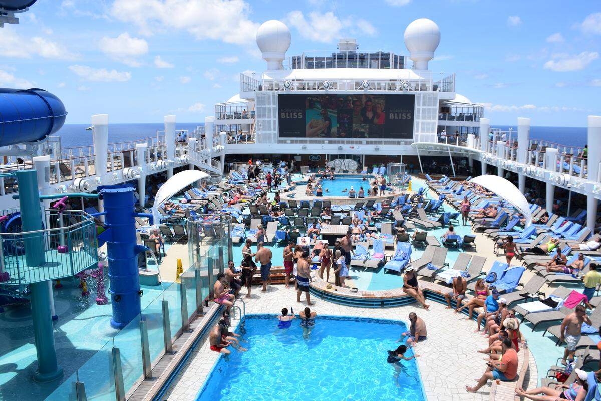 The pool deck on the Norwegian ship for a two-day inaugural sailing from Miami. The ship will sail from PortMiami in the winter.