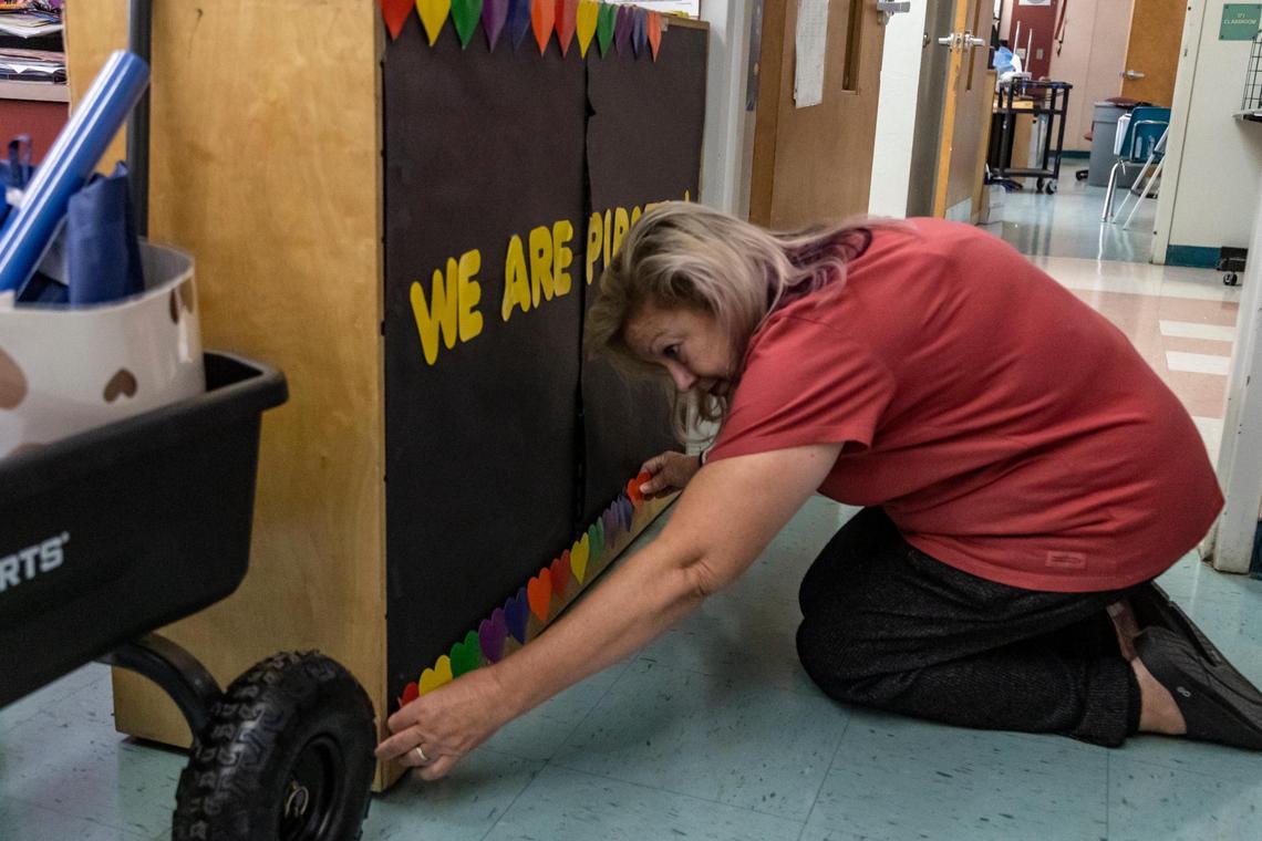 Pembroke Pines, Florida, August 8, 2022- Dr. Denise Soufrine decorates her kindergarten classroom as she prepares for the upcoming school year at Pembroke Pines Elementary. Classes for Broward County public school students start Tuesday, Aug. 16.