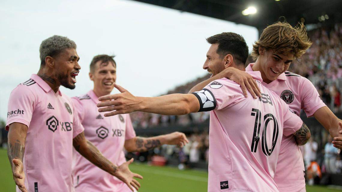 Inter Miami forward Lionel Messi (10) celebrates with Benjamin Cremaschi (30), Josef Martínez (17) and Robert Taylor (16) after scoring a goal against Atlanta United in the first half of their Leagues Cup group stage match at DRV PNK Stadium on Tuesday, July 25, 2023, in Fort Lauderdale, Fla.