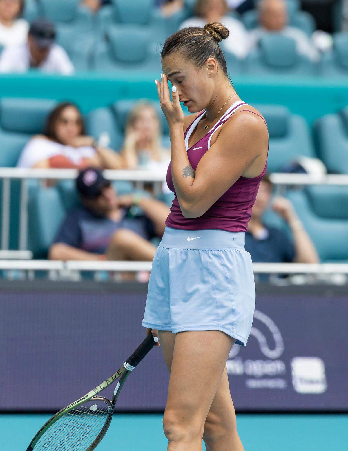 Aryna Sabalenka of Belarus reacts during her match against Sorana Cirstea of Romania at the Miami Open tennis tournament on Wednesday, March 29, 2023, in Miami Gardens, Fla.