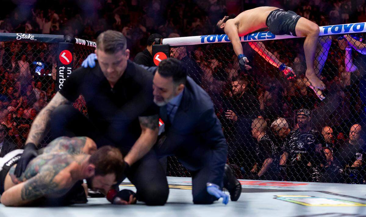 Dominick Reyes of the United States reacts after he defeated Nikita Krylov of Ukraine in their light heavyweight bout during UFC 314 at the Kaseya Center on Saturday, April 12, 2025, in downtown Miami, Fla.