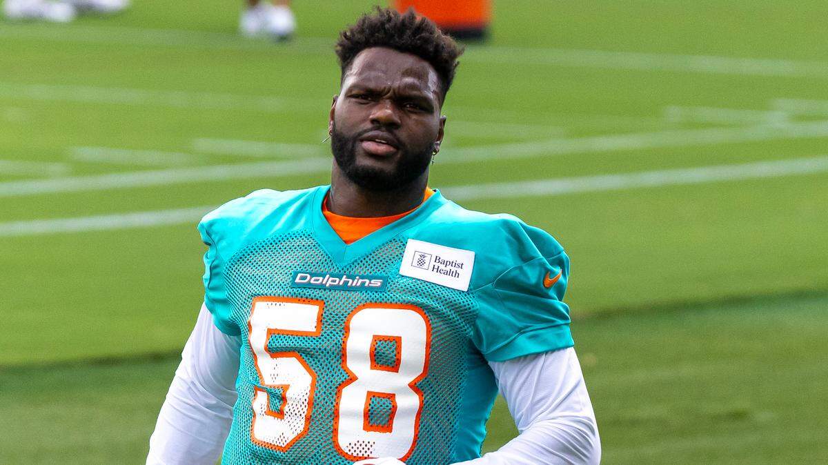 Miami Dolphins Linebacker Shaquil Barrett (58) looks on during NFL mandatory minicamp at Baptist Health Training Complex in Hard Rock Stadium on Tuesday, June 4, 2024, in Miami Gardens, Fla.