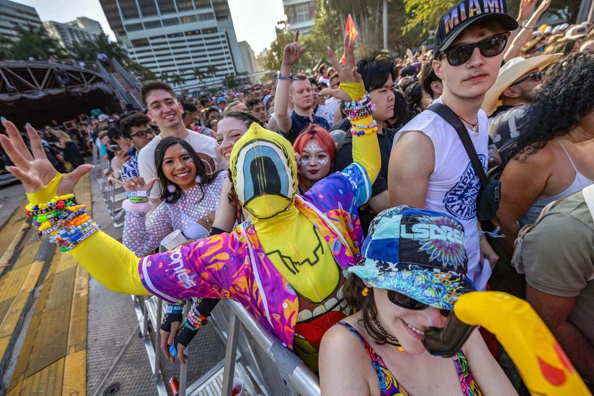 Brianna Harper, dressed as Subtronics Cyclops, reacts during performance at Ultra Music Festival’s 25th anniversary at Bayfront Park, in Miami, Florida, on Friday, March 28, 2025.