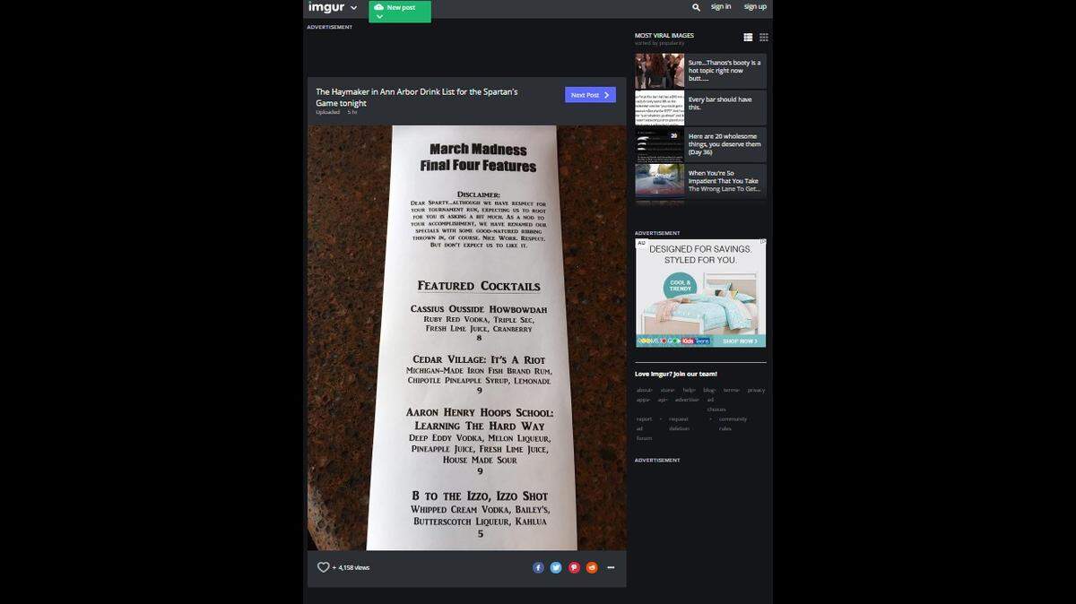 The Haymaker Public House, a sports bar in Ann Arbor, Michigan, has a Michigan State-themed featured cocktail list for Saturday’s Final Four.