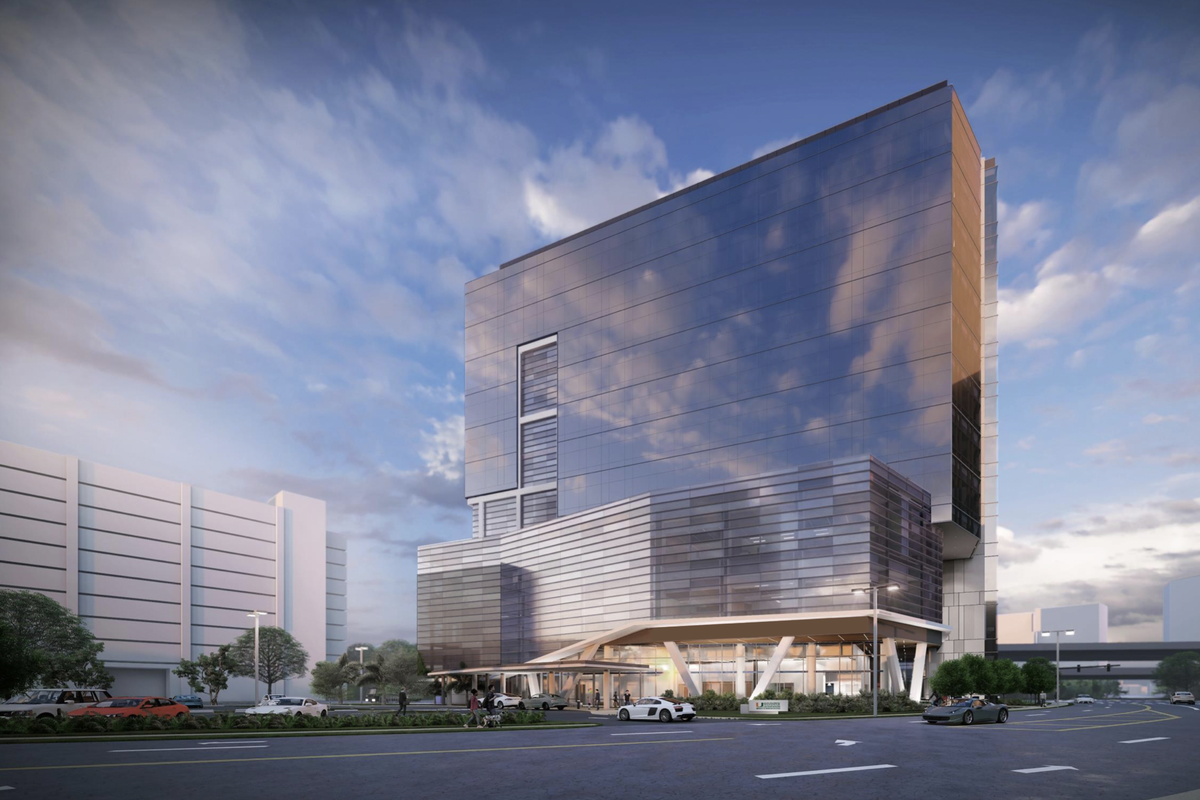 A rendering of Sylvester Comprehensive Cancer Center’s planned Transformational Cancer Research Building in Miami. Slated to open in 2024, the center will house doctors and scientists to work on advancements in cancer care.