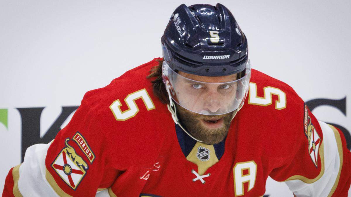 Florida Panthers defenseman Aaron Ekblad (5) warms up for his first game back after suspension before Game 3 of the first-round Stanley Cup playoff series against the Tampa Bay Lightning on Saturday, April 26, 2025, at Amerant Bank Arena in Sunrise, Fla.